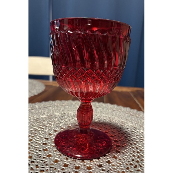 1960s LG Wright‎ Ruby Red Art Glass Goblet 6" Tall Jersey Swirl USA EUC - Picture 1 of 4